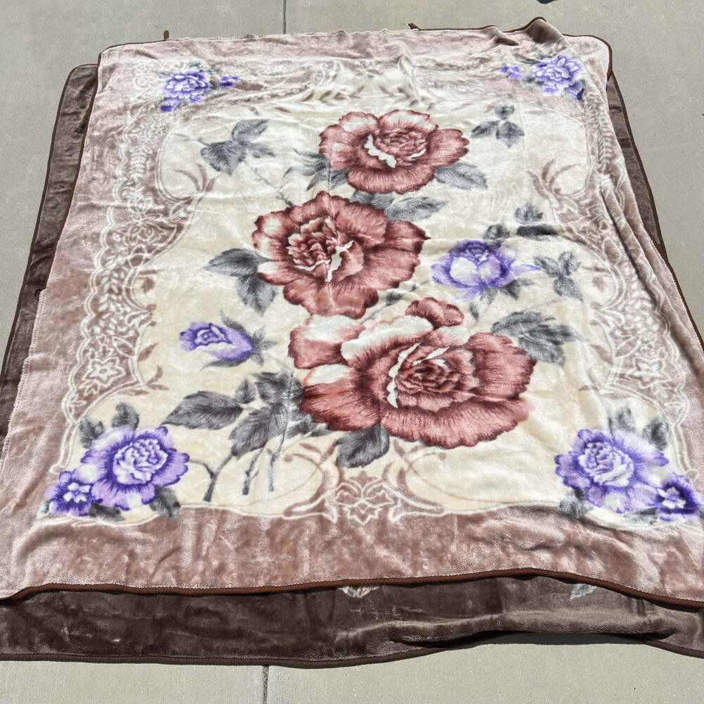 Korean Mink Rose Floral Heavy Plush Blanket King Size Brown